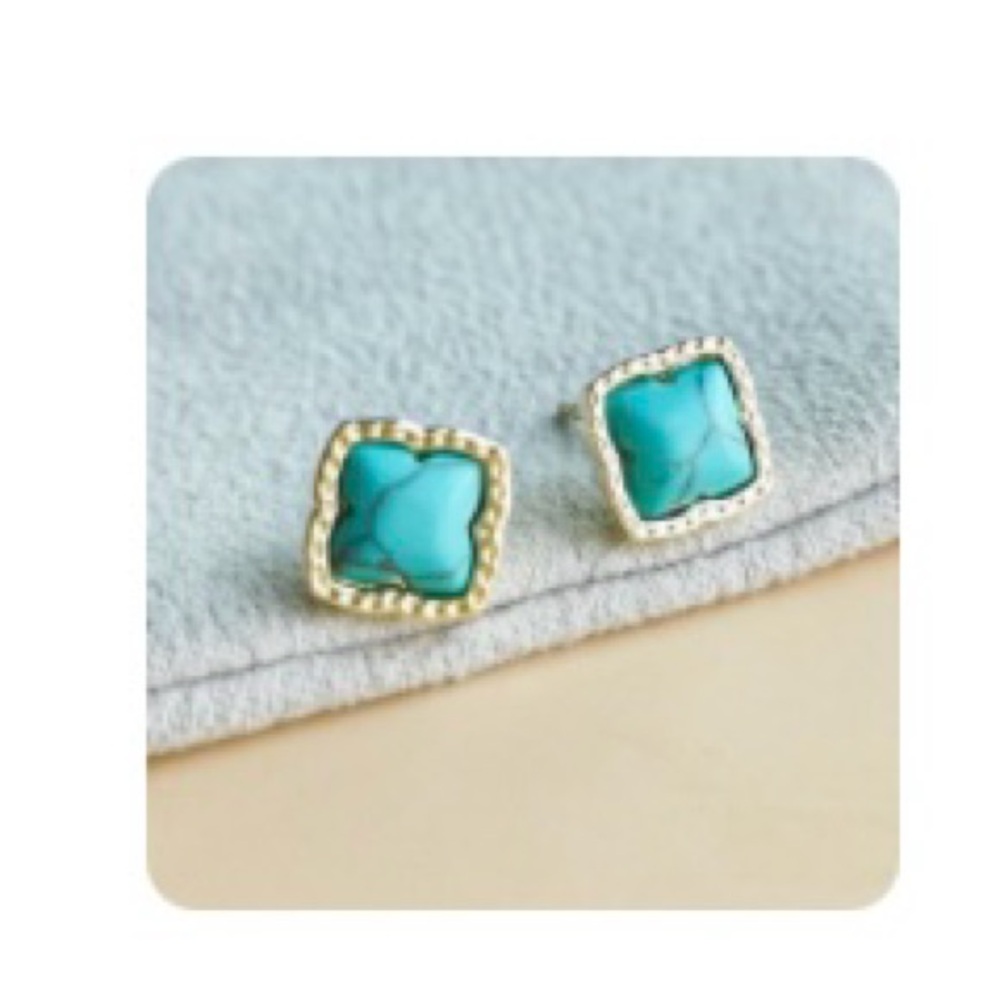 Kendra Scott variegated magnesite turquoise Mallory stud earrings.